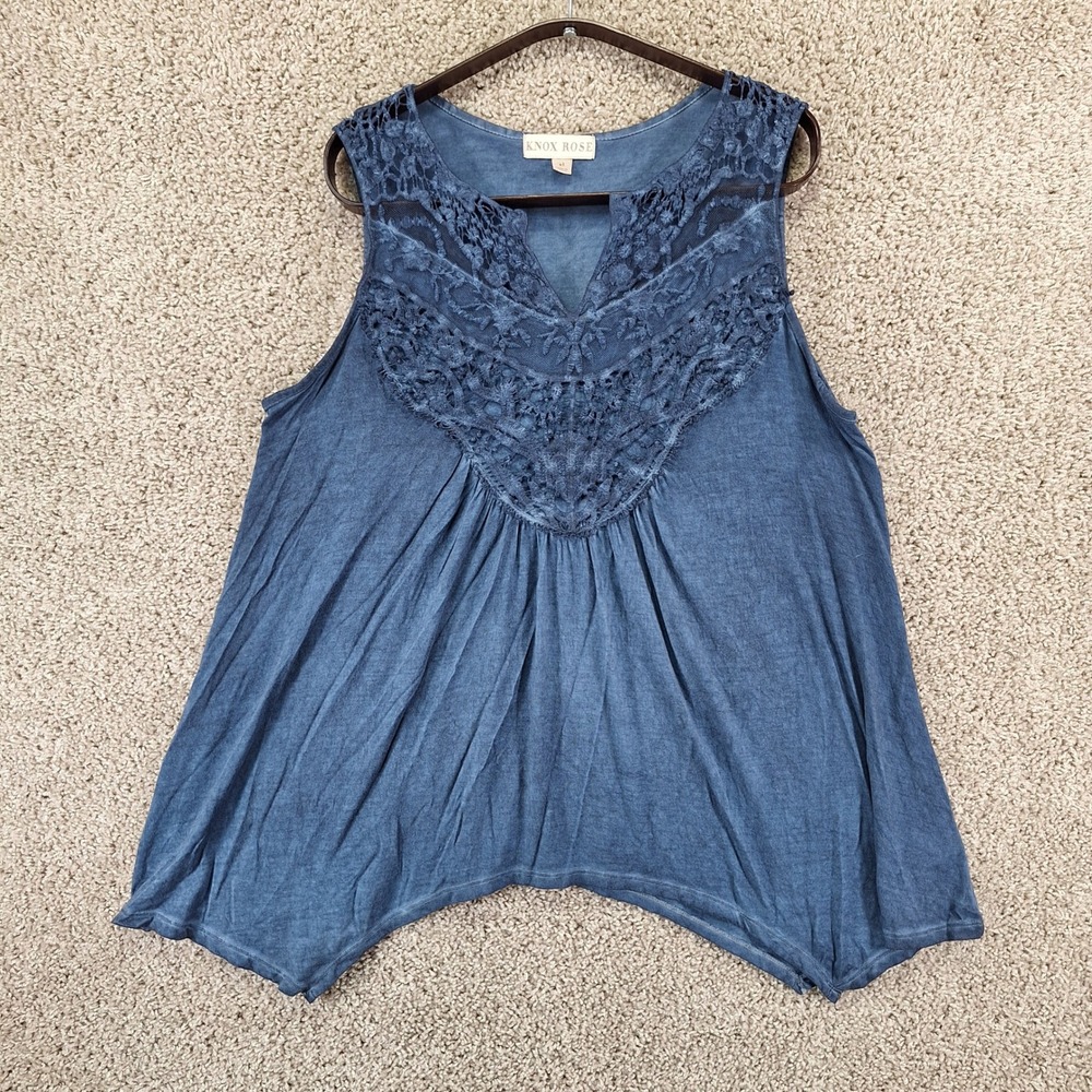 Knox Rose Tank Top Womens XL Blue Lace Trim Sleeveless Embroidered Boho Summer